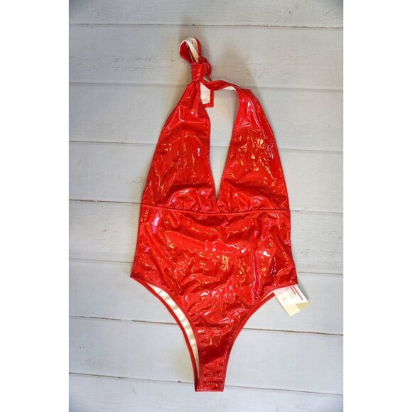 WDIRARA Deep V Neck Sleeveless PU Leather Bodysuit Halter Top – Size S, NWT - Picture 3 of 10